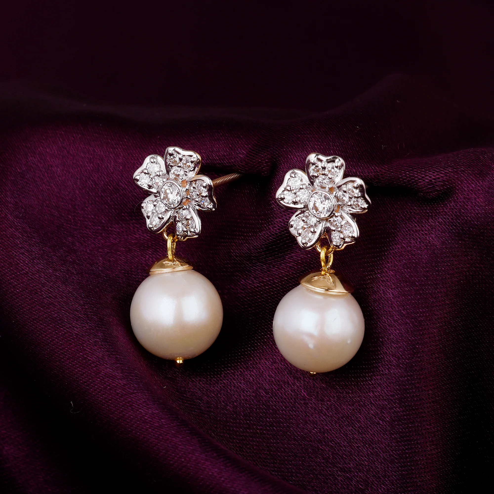 Gold Floral Pearl Diamond Earrings - Image 2