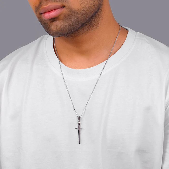 Black Rhodium Vintage Sword Pendant With Box Chain For Him - Image 3