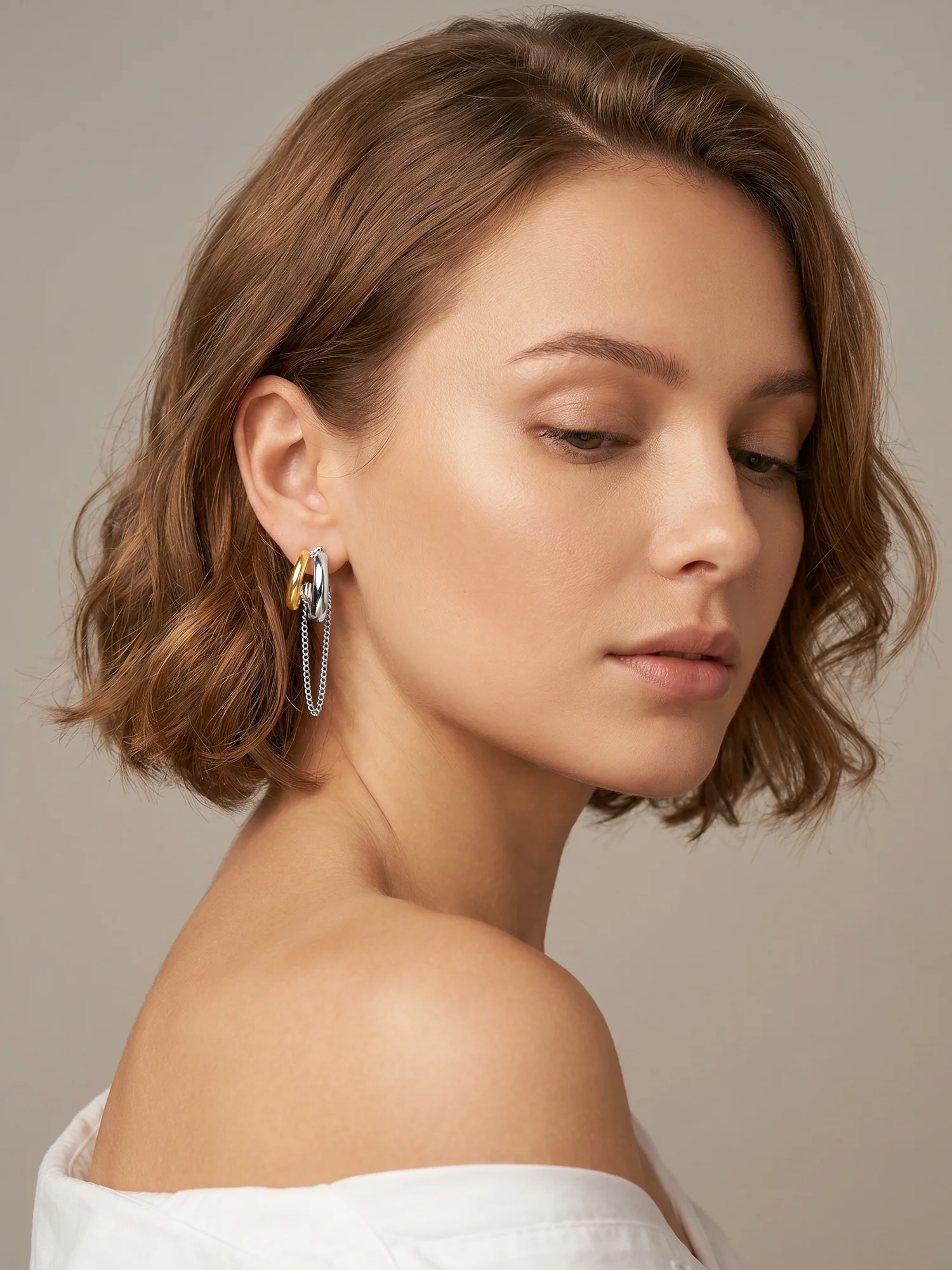 Chain Drop Link Dual Tone Earrings - Image 3