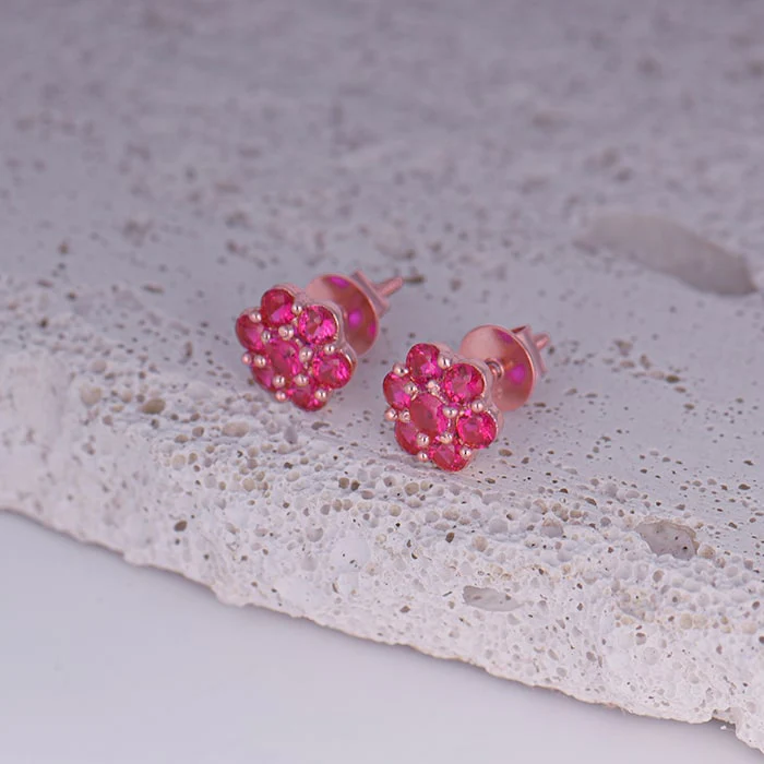 Rose Gold Magenta Flower Stud Earrings - Image 5