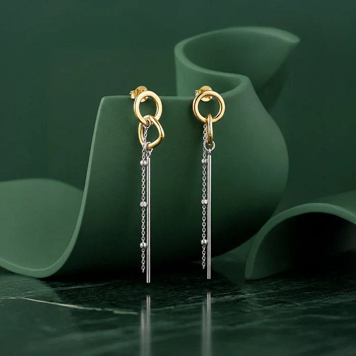 Dual Tone Linear Halo Silver Dangler Earrings - Image 2