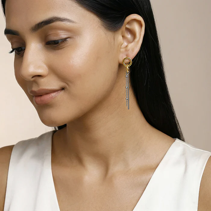 Dual Tone Linear Halo Silver Dangler Earrings - Image 3