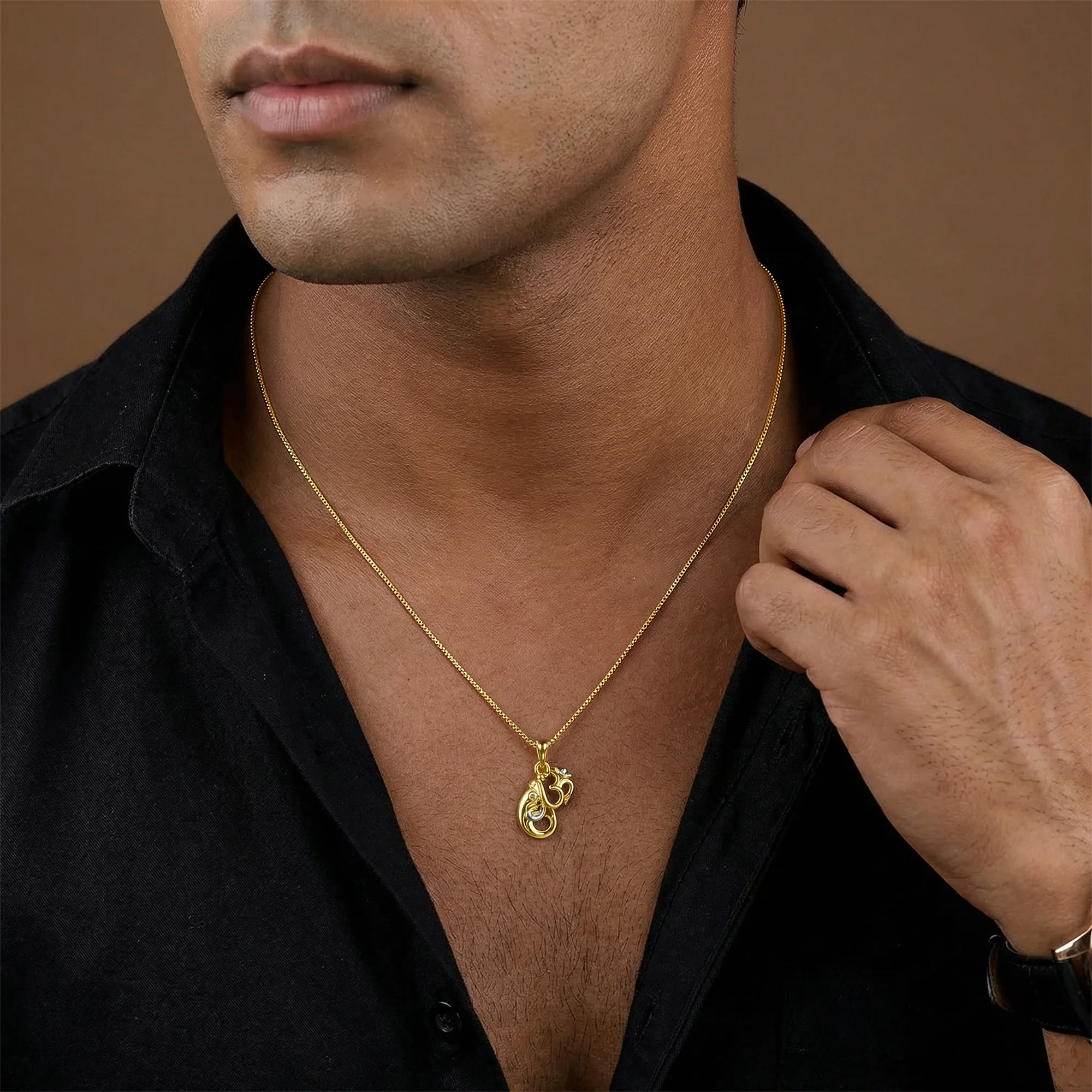 Dual Tone Om Ganesh Silver Pendant With Box Chain For Him - Image 3