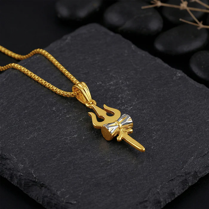 Dual Tone Sacred Trishul Silver Pendant With Box Chain For Him - Image 2