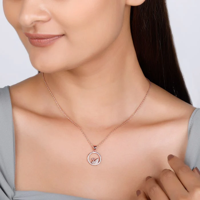 Rose Gold Zircon Studded Swan Pendant with Link Chain - Image 2