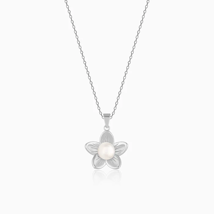 Silver Floral Pearl Pendant with Link Chain