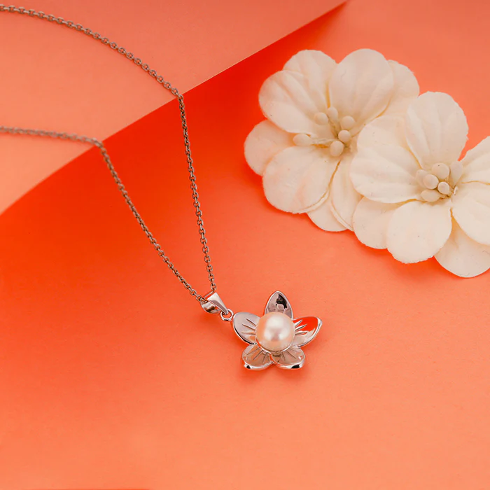 Silver Floral Pearl Pendant with Link Chain - Image 2