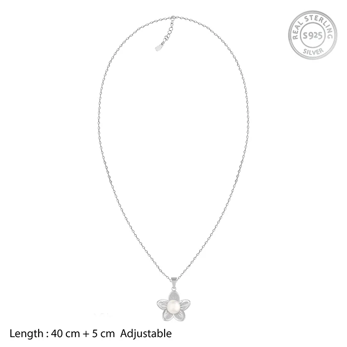 Silver Floral Pearl Pendant with Link Chain - Image 5