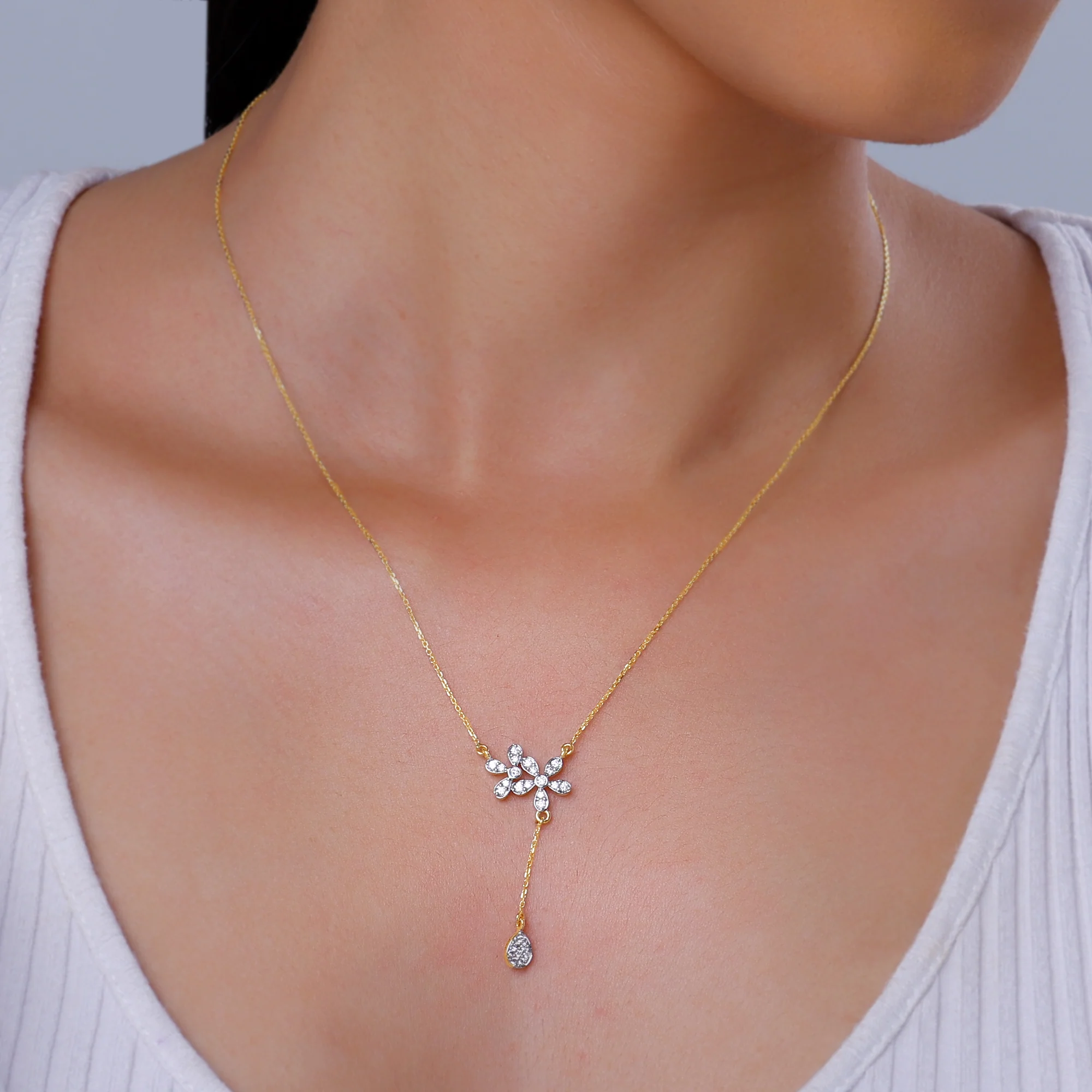 Gold Floral Drop Lab Grown Diamond Necklace - Image 3