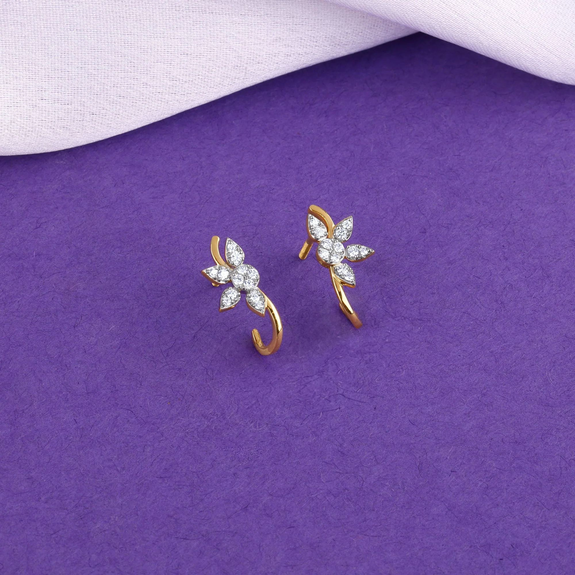 Gold Leafy J Hoop Lab Grown Diamond Earrings - Image 2
