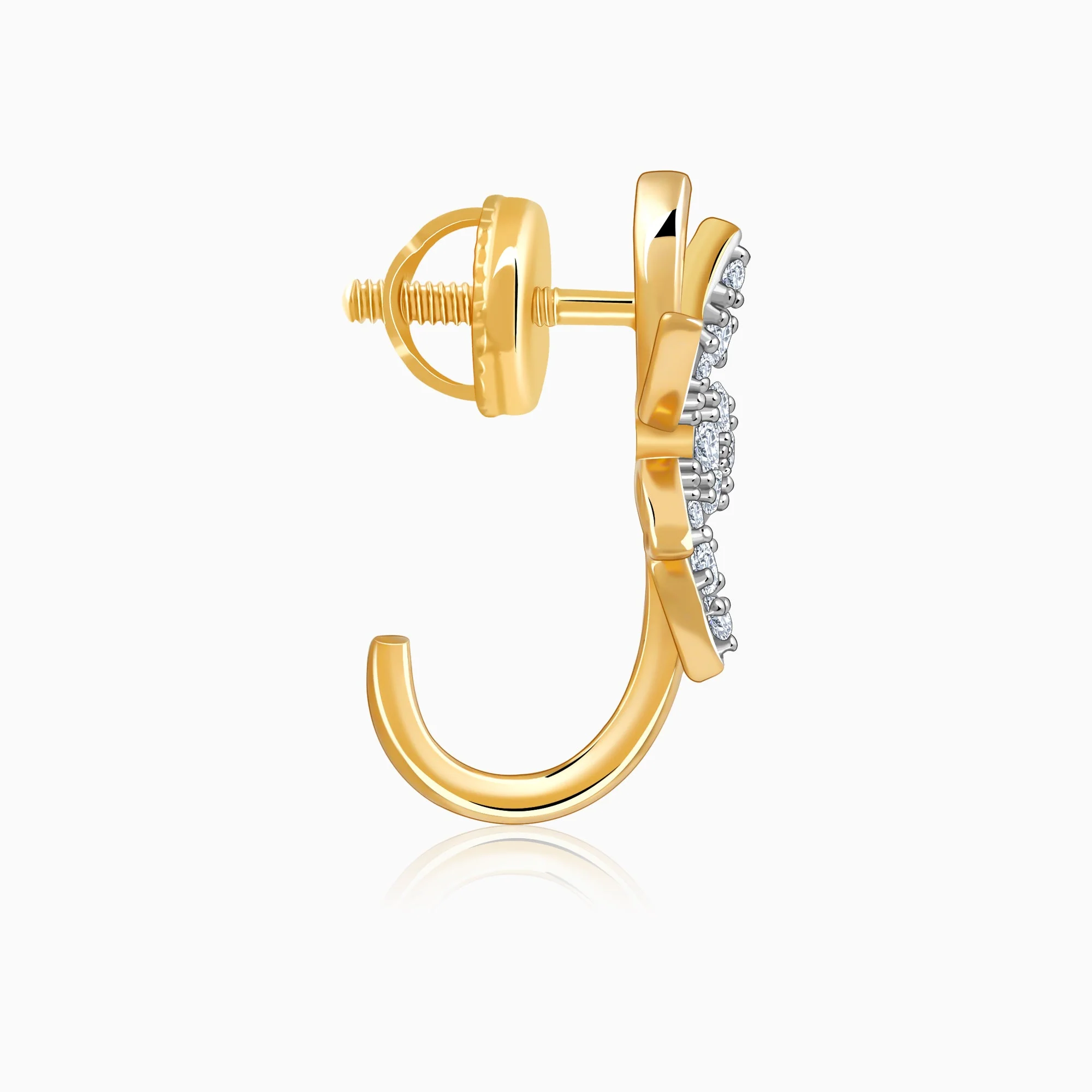 Gold Leafy J Hoop Lab Grown Diamond Earrings - Image 5