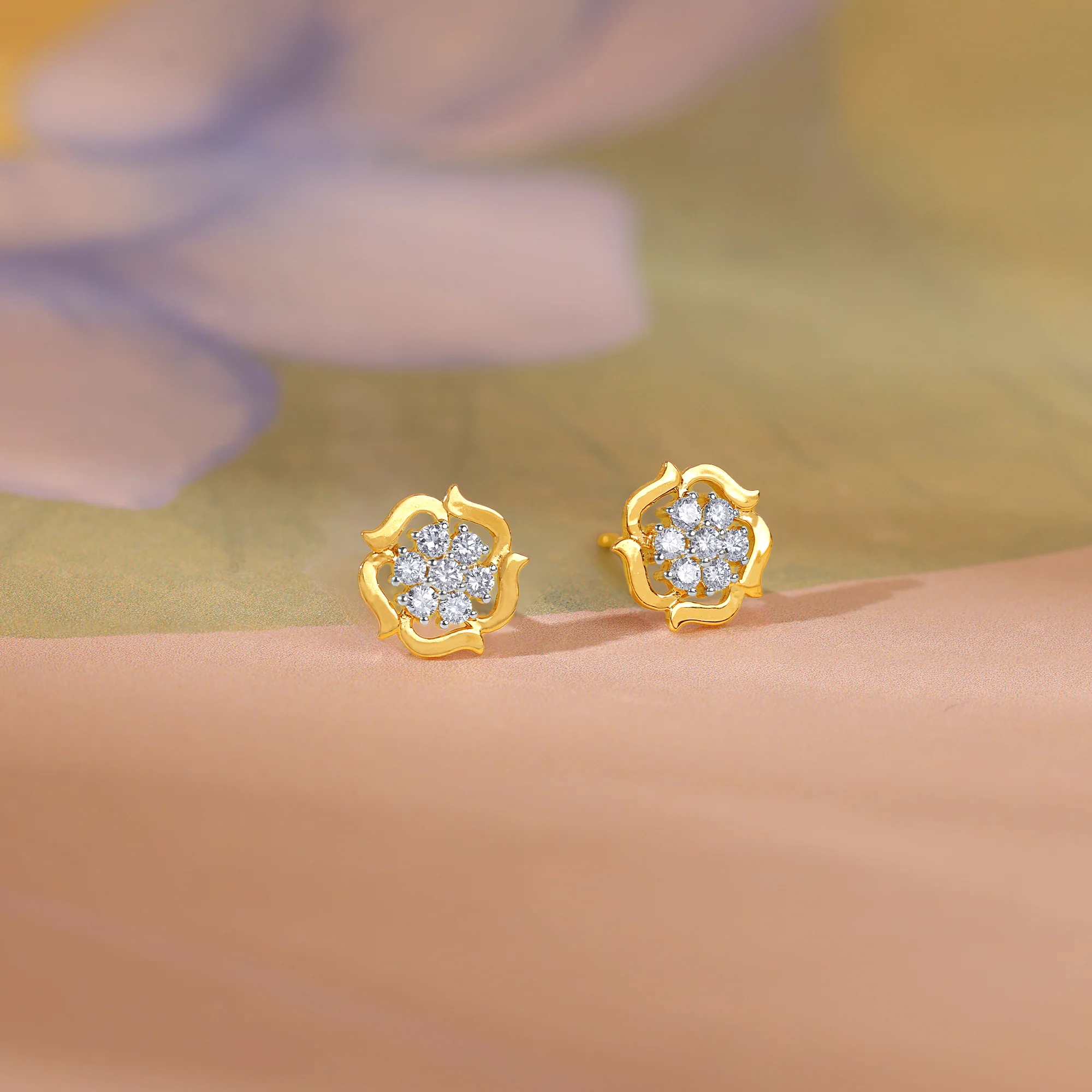 Gold Wavy Flower Diamond Earrings - Image 2