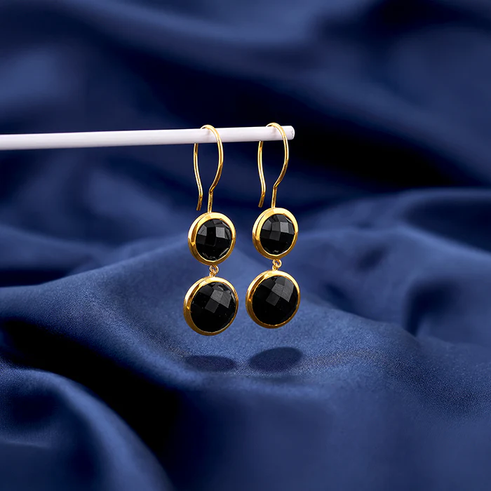 Golden Black Chalcedony Dangler Earrings - Image 2