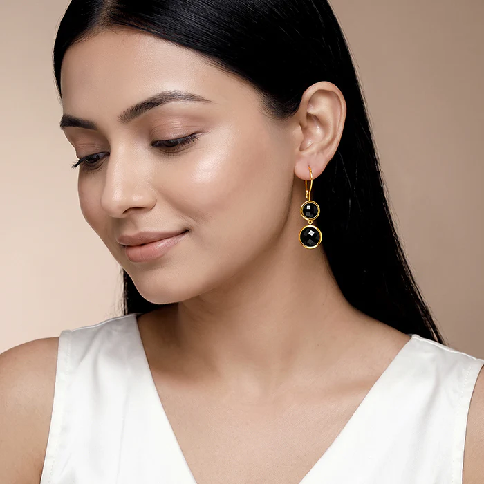 Golden Black Chalcedony Dangler Earrings - Image 3