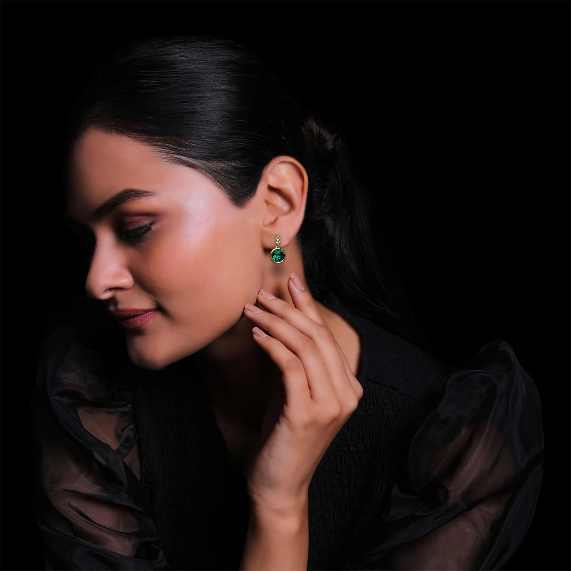 Golden Emerald Green Sphere Earrings - Image 2