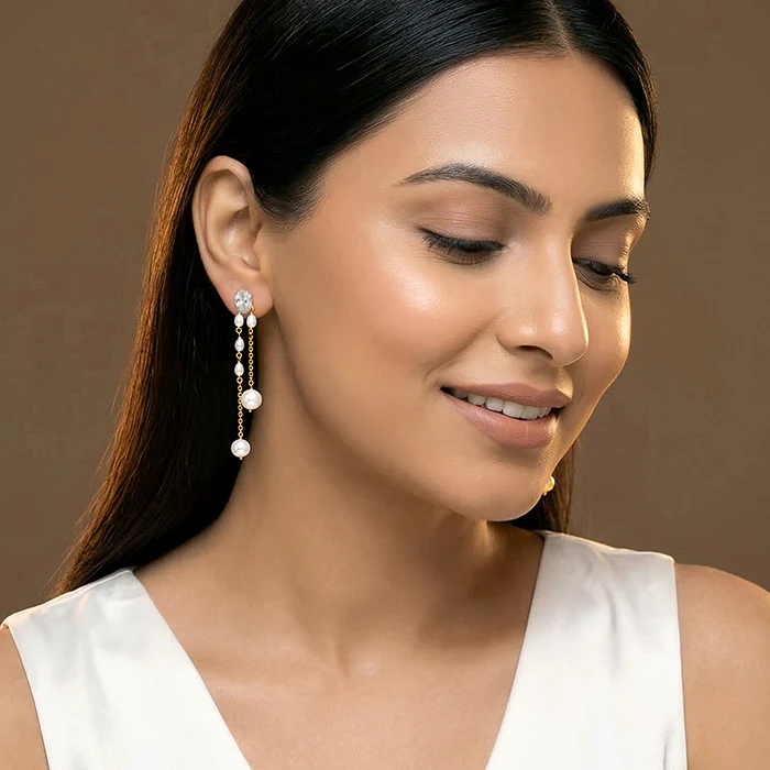 Golden Lovely Pearl Dangler Earrings - Image 3