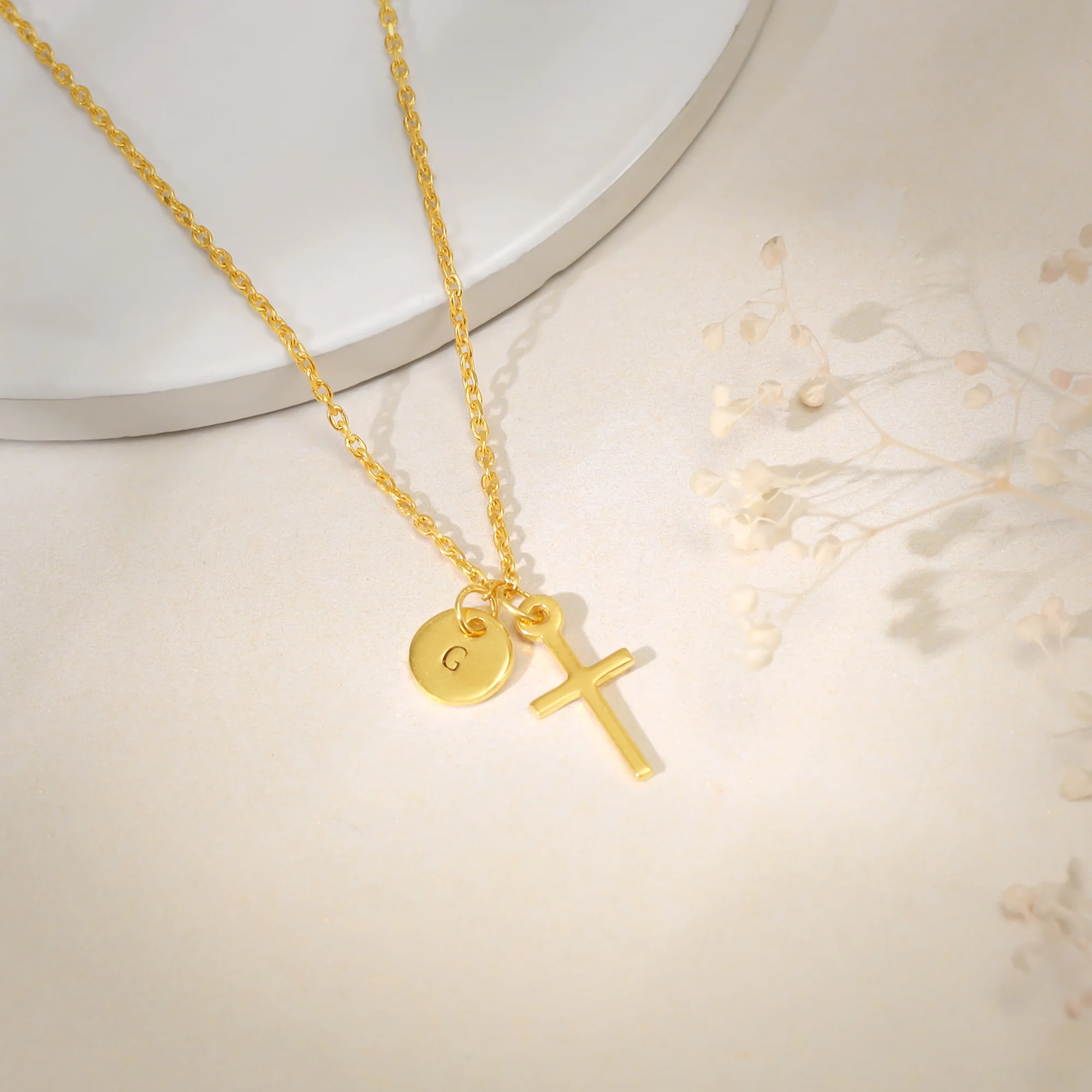 Golden Personalised Halo Cross Pendant With Link Chain - Image 2