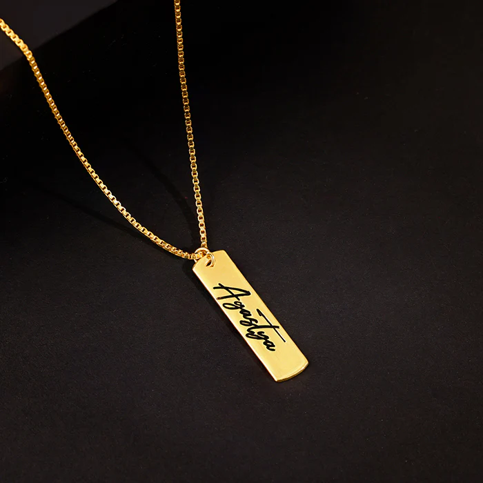 Golden Personalised Vertical Bar Name Pendant with Box Chain For Him - Image 2