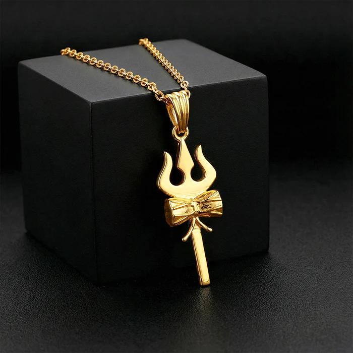 Golden Shiva Trishul Pendant With Box Chain - Image 2