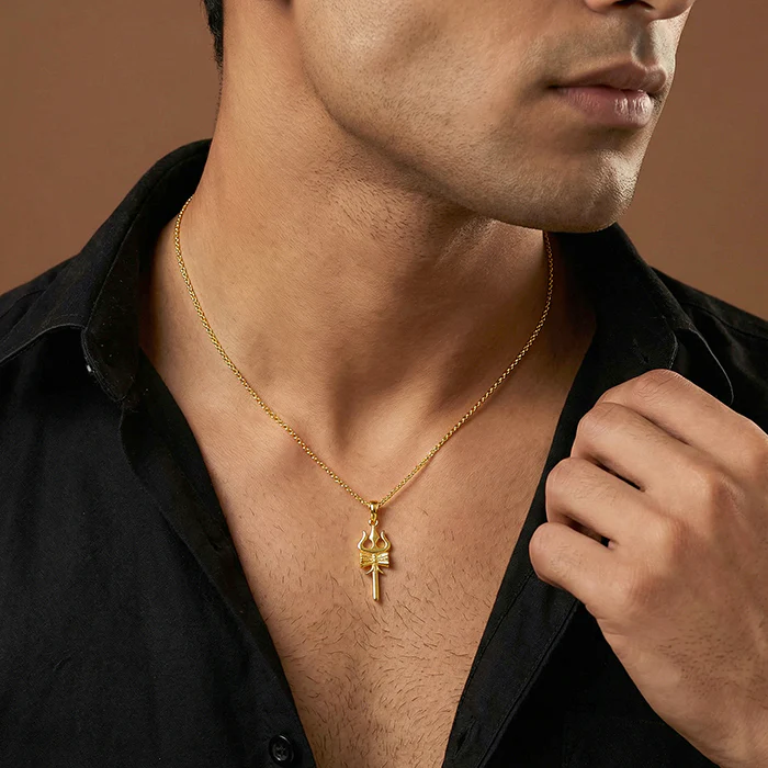 Golden Shiva Trishul Pendant With Box Chain - Image 3