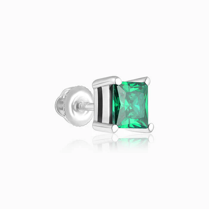 Silver Emerald Green Square Stud Earrings - Image 4