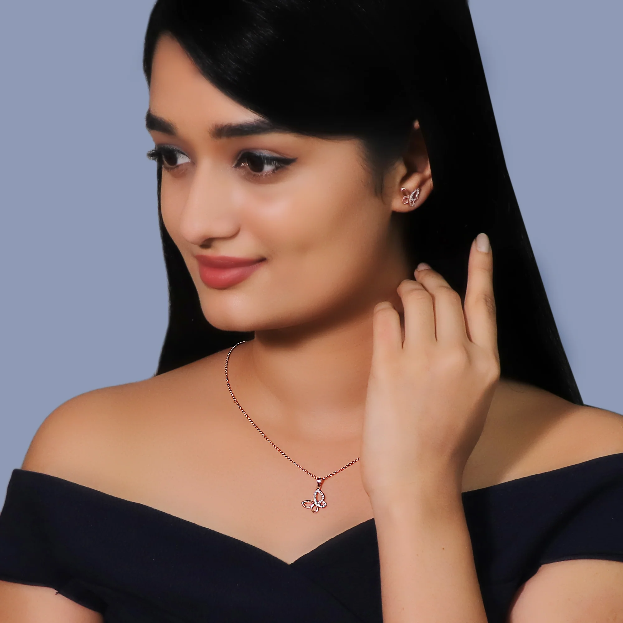 Manali's Rose Gold Studded Butterfly Set with Link Chain - Image 3