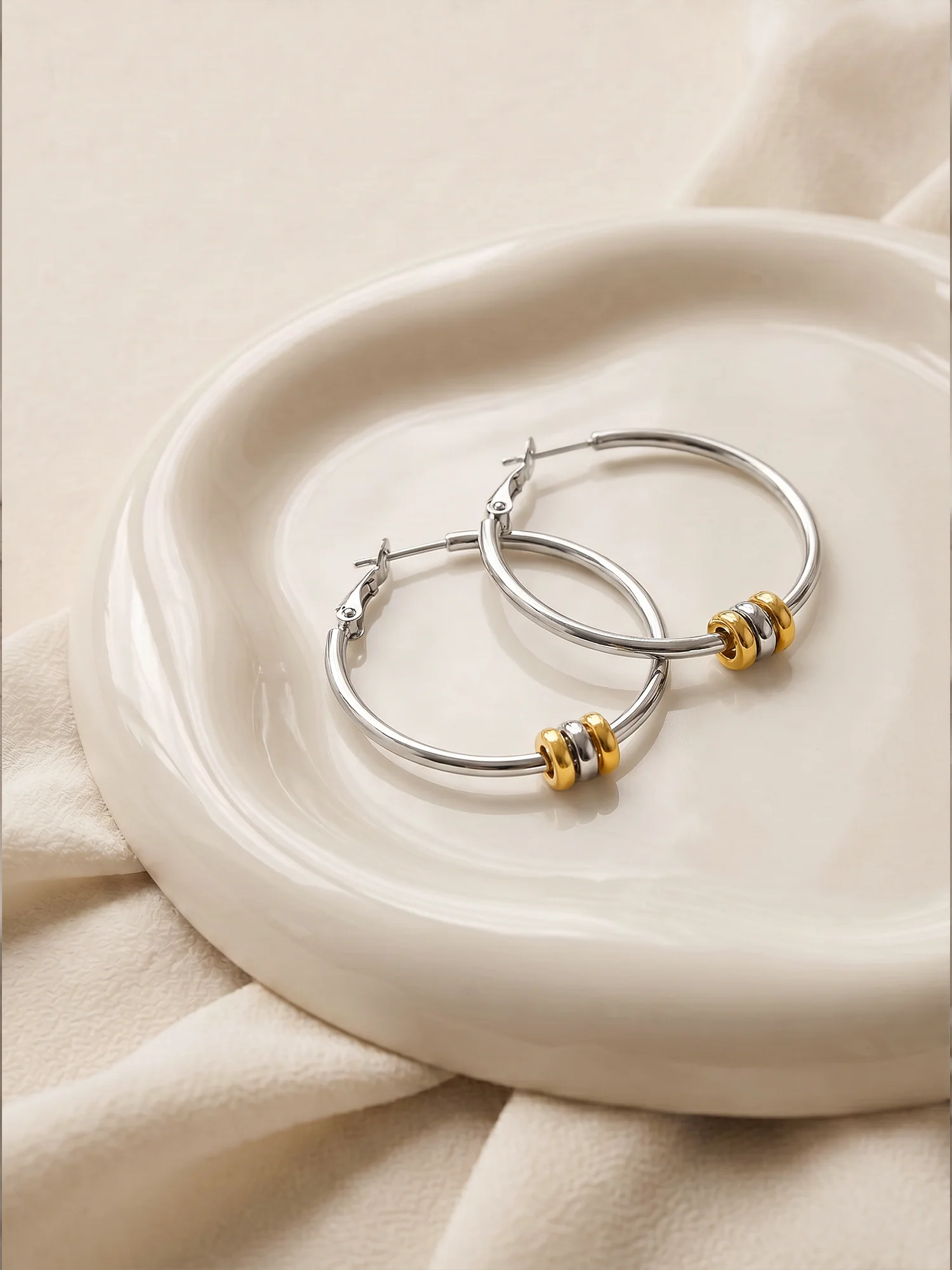 Mixed Loop Dual Tone Hoop Earrings - Image 2