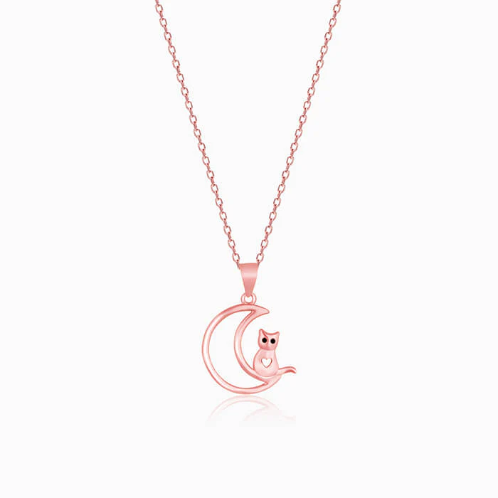 Rose Gold Cat In Crescent Moon Pendant with Link Chain