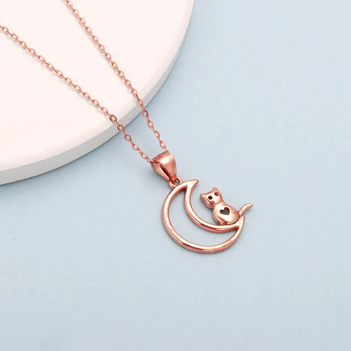 Rose Gold Cat In Crescent Moon Pendant with Link Chain - Image 2