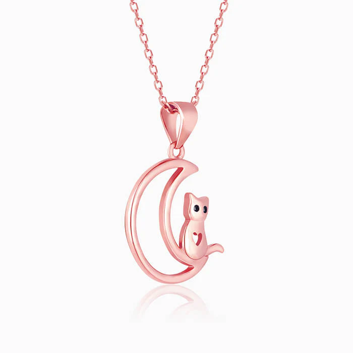 Rose Gold Cat In Crescent Moon Pendant with Link Chain - Image 6