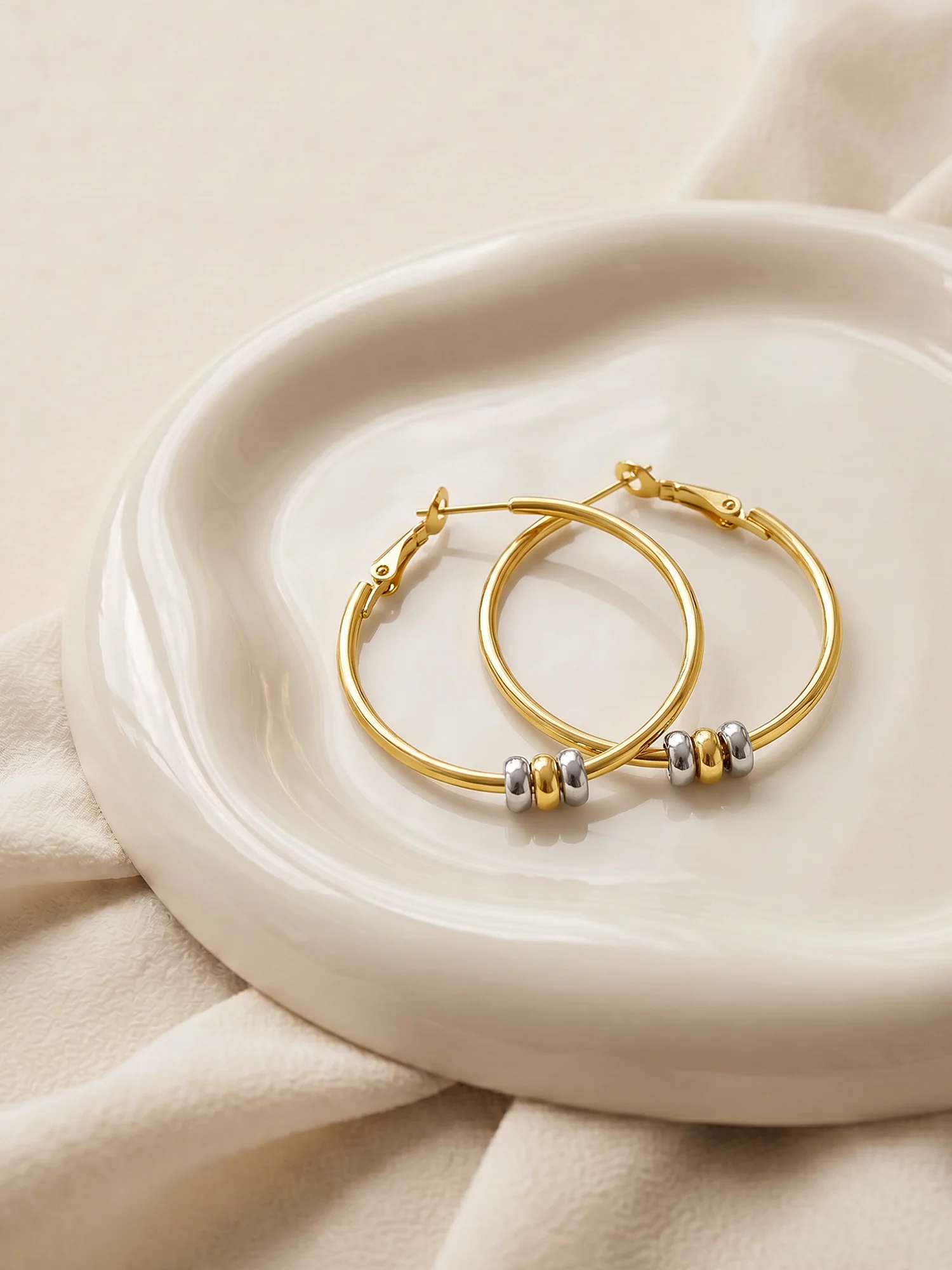 Orb Detail Dual Tone Hoop Earrings - Image 2