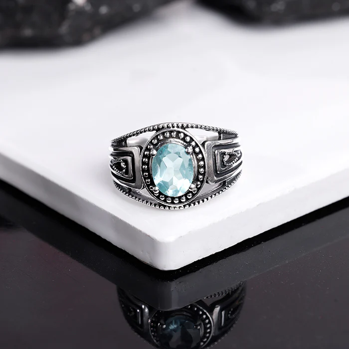 Oxidised Silver Aqua Shine Ring For Him - Image 2