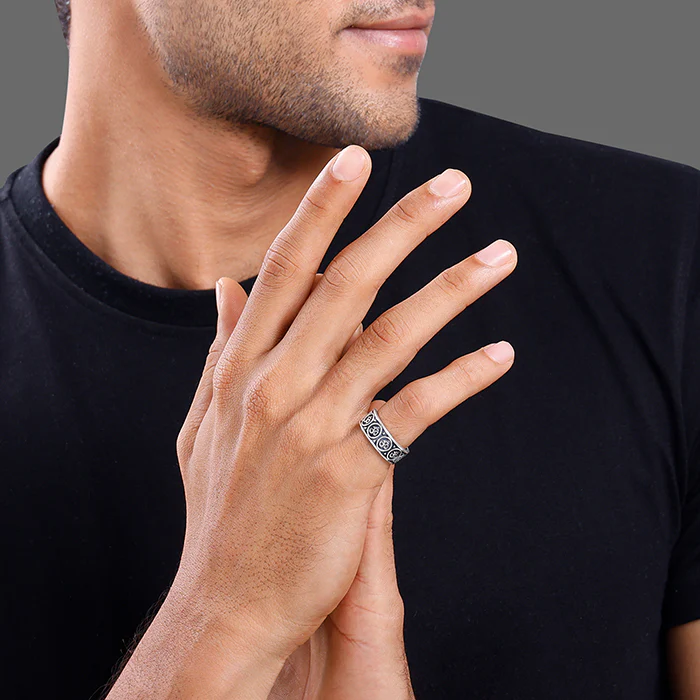 Oxidised Silver Classic Omkar Band For Him - Image 3