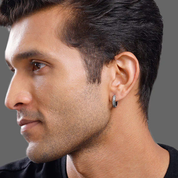 Oxidised Silver GeoGlint Hoop Earring For Him - Image 4