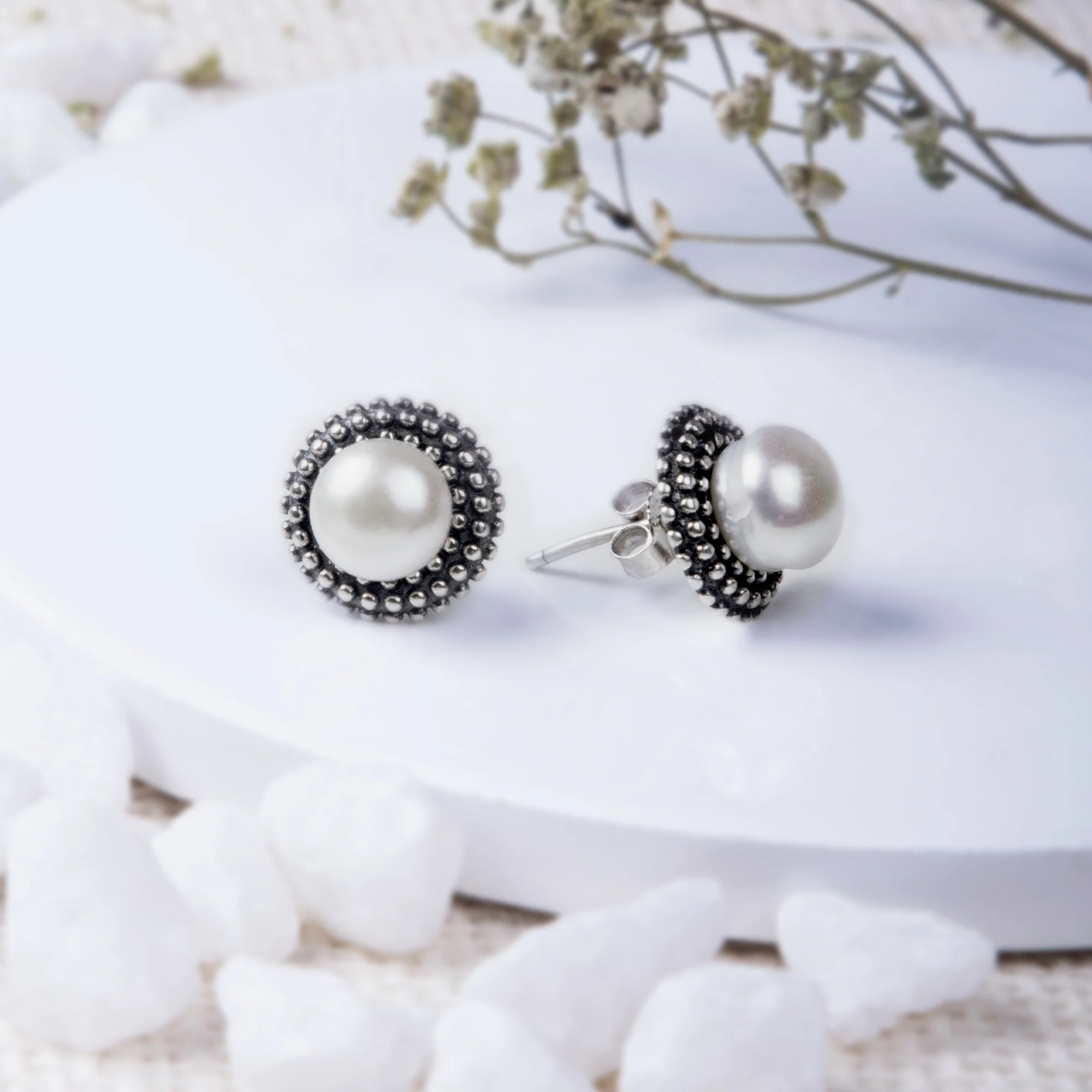 Oxidised Silver Pearl Stud Earrings - Image 2