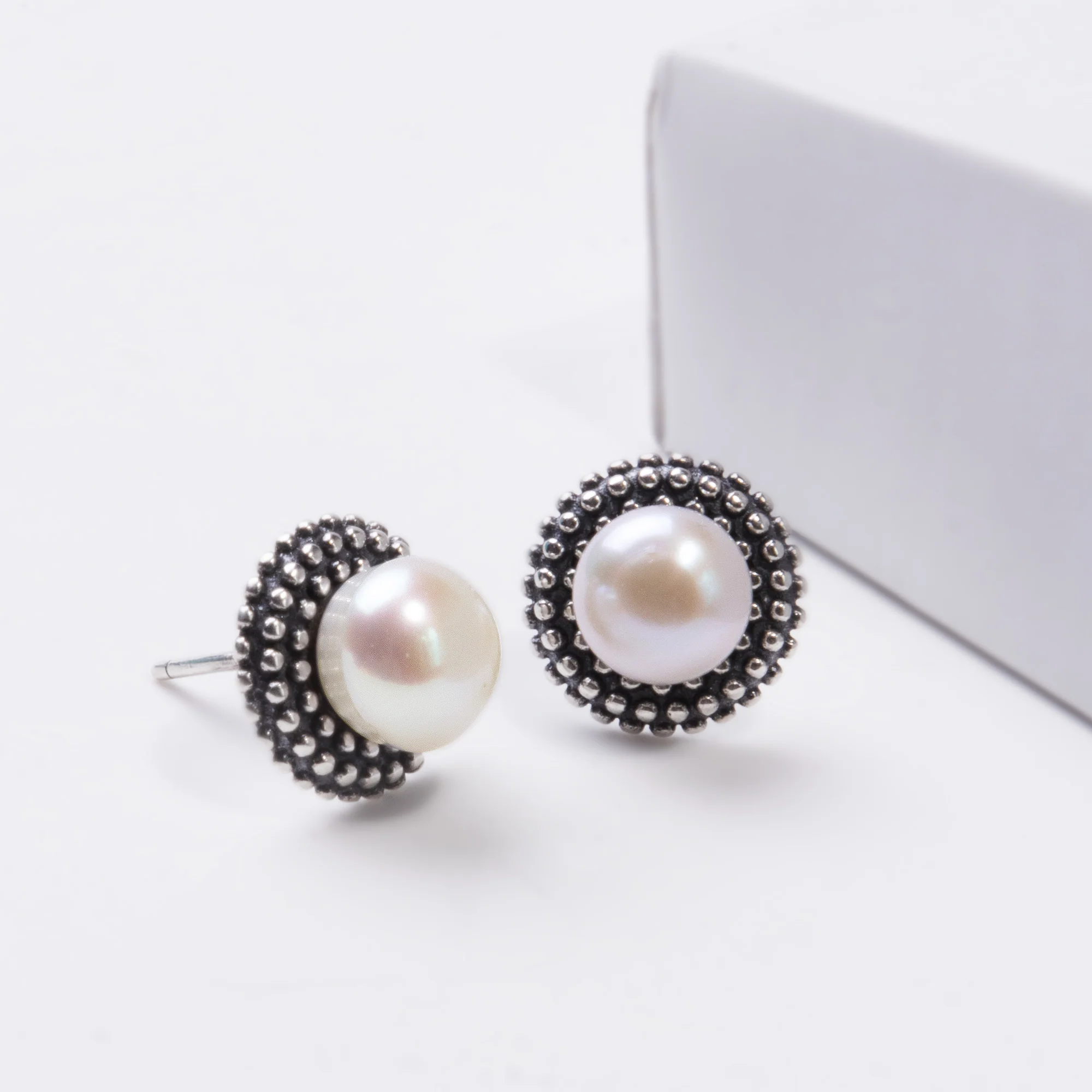 Oxidised Silver Pearl Stud Earrings - Image 4