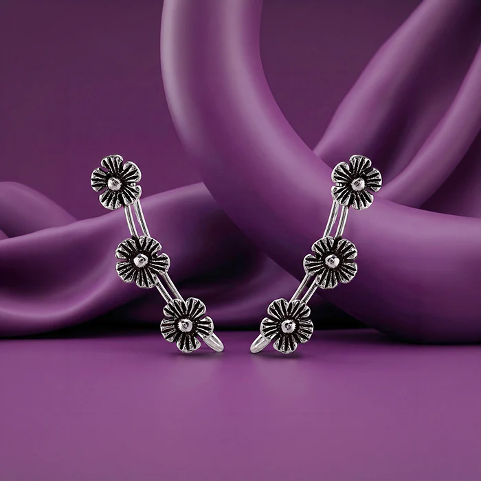 Oxidised Silver Triple Floral Climber Earrings - Image 2