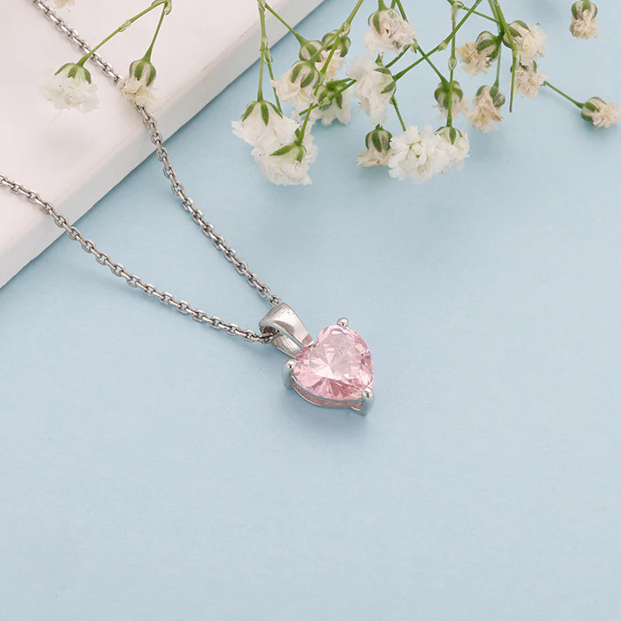 Silver Pink Heart Pendant with Link Chain - Image 2