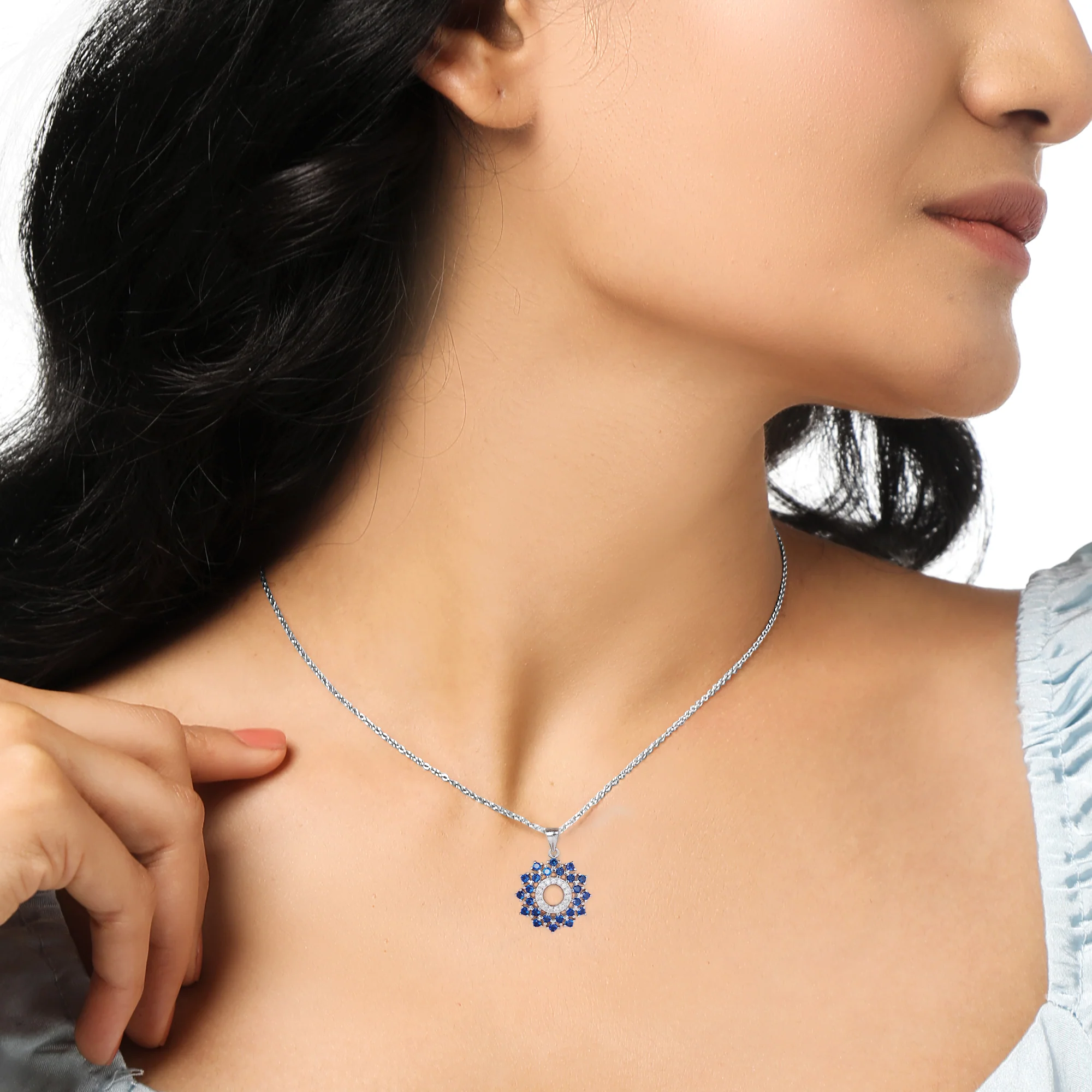 Radiant Blue Flower Pendant With Link Chain - Image 2
