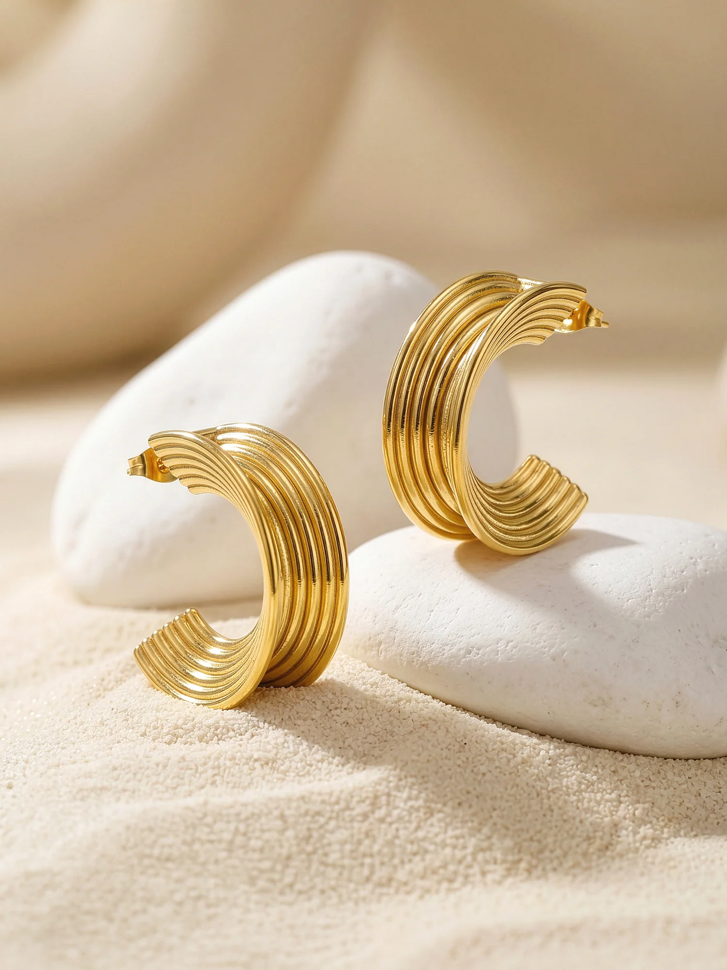 Ridge Stack Gold Plated Hoop Earrings - Image 2