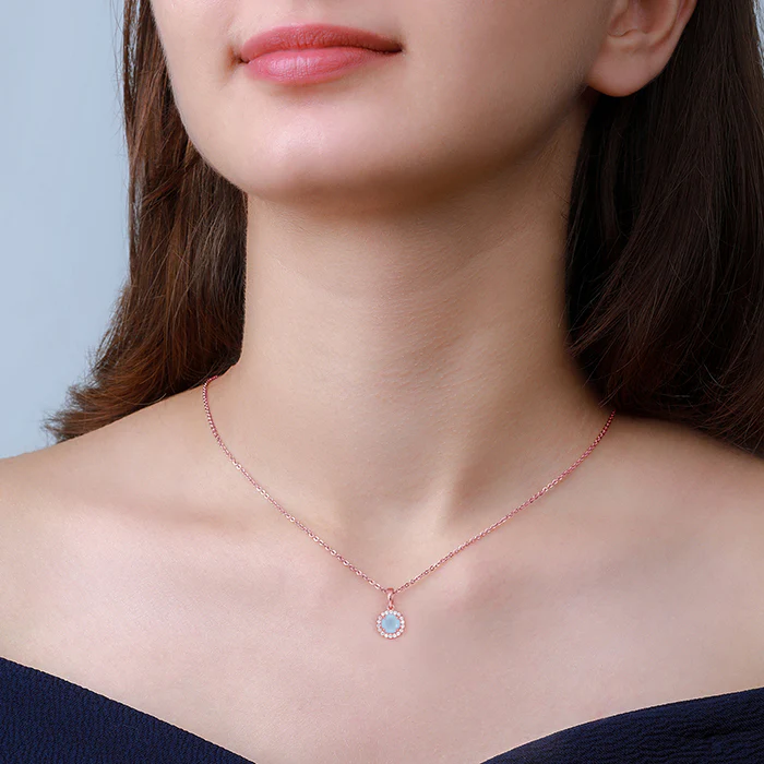 Rose Gold Blue Halo Pendant With Link Chain - Image 2
