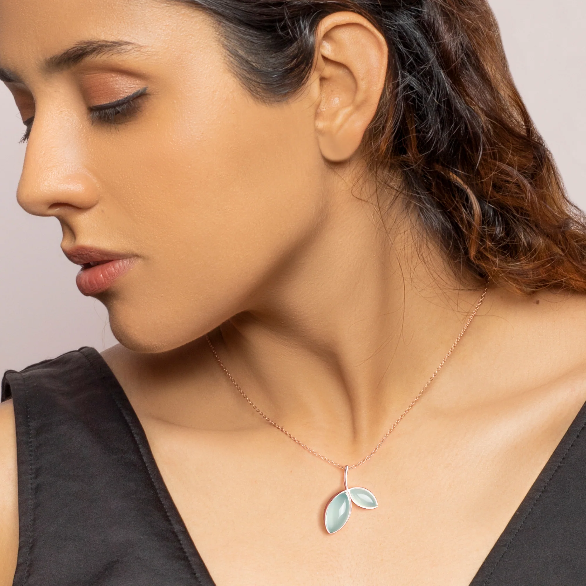 Rose Gold Aqua Dual Chalcedony Leaf Pendant - Image 3