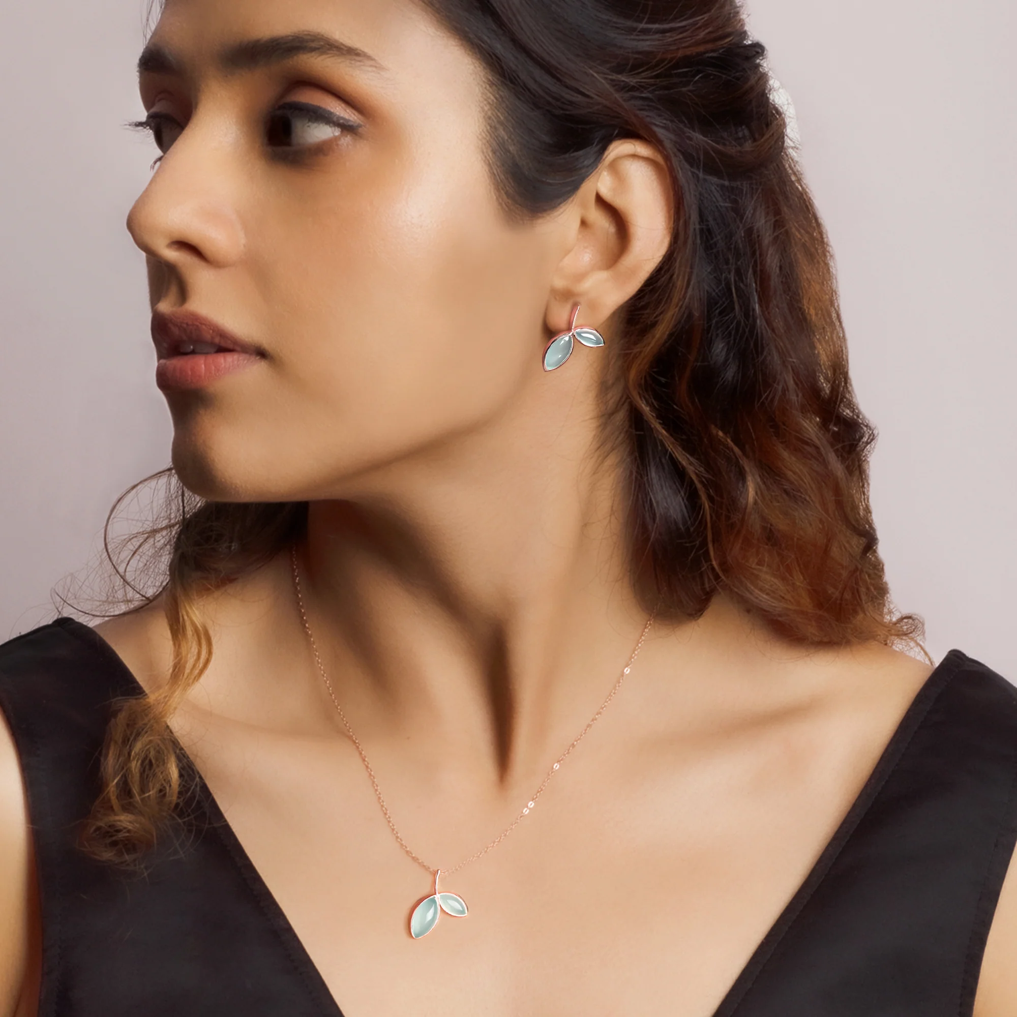 Rose Gold Aqua Dual Chalcedony Leaf Set - Image 3
