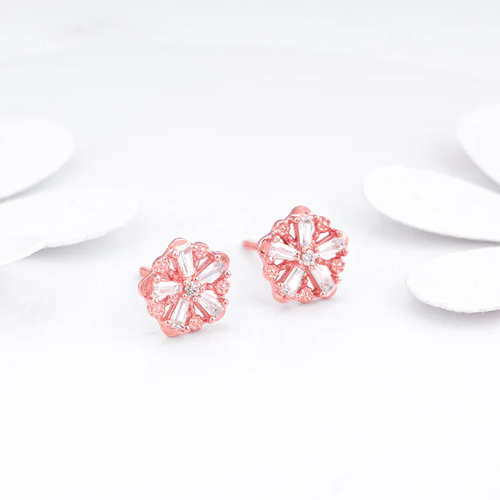 Rose Gold Baguette Flower Earrings - Image 2