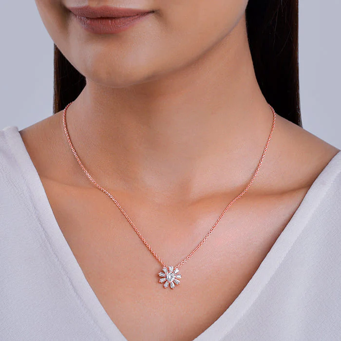 Rose Gold Baguette Flower Pendant with Link Chain - Image 3
