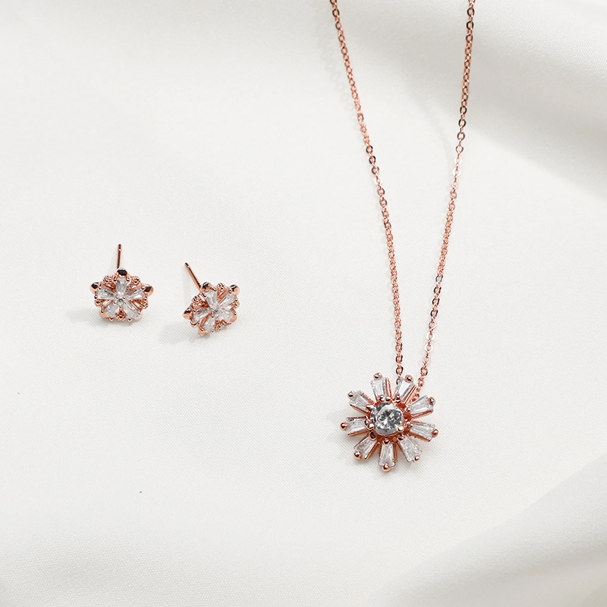 Rose Gold Baguette Flower Set with Link Chain - Image 2