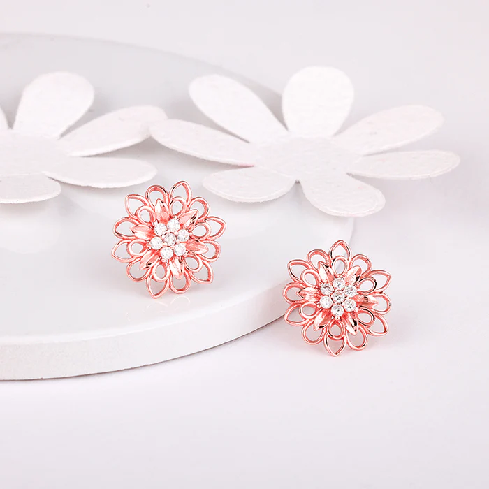 Rose Gold Blooming Flower Stud Earrings - Image 2