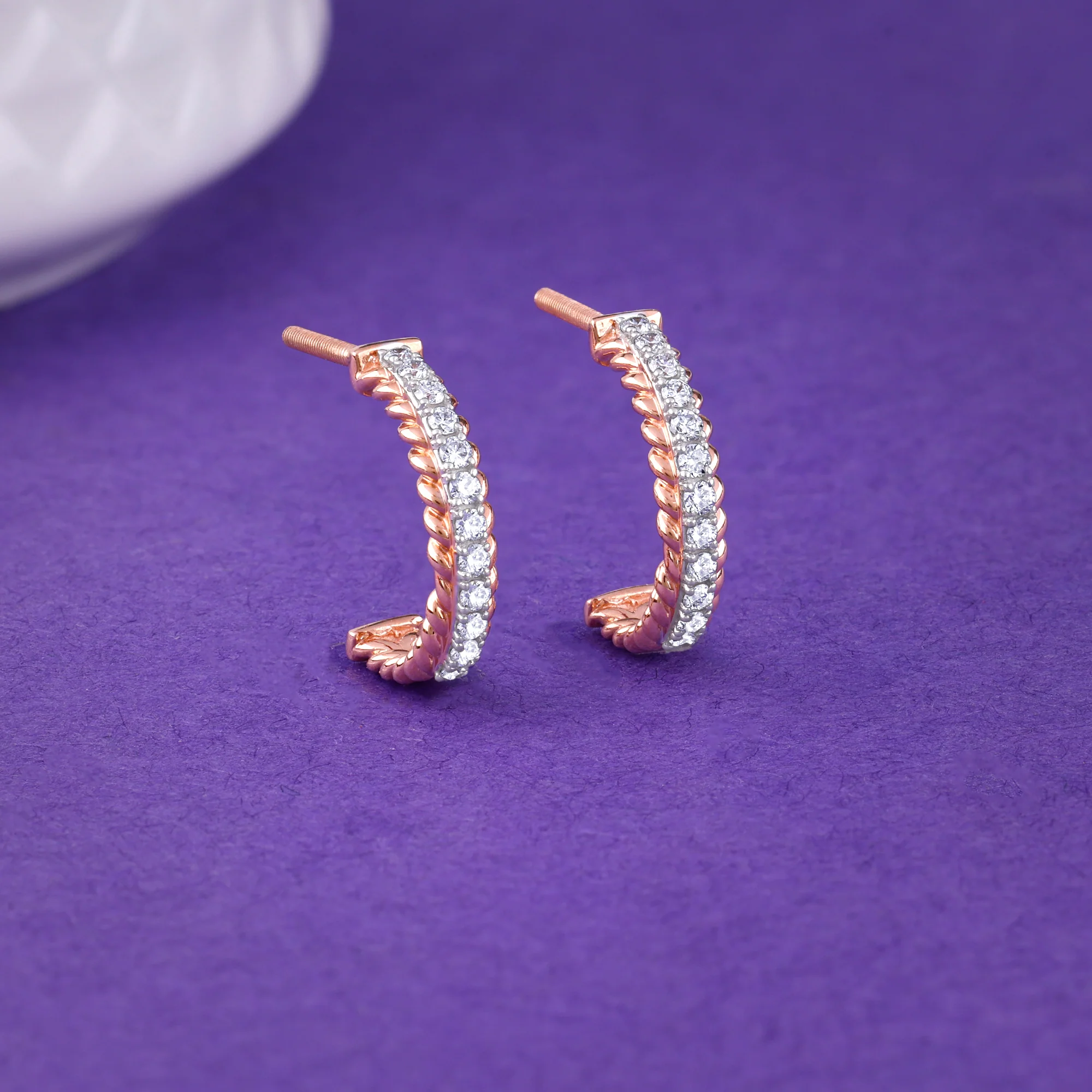 Rose Gold Braided J Hoop Lab Grown Diamond Earrings - Image 2