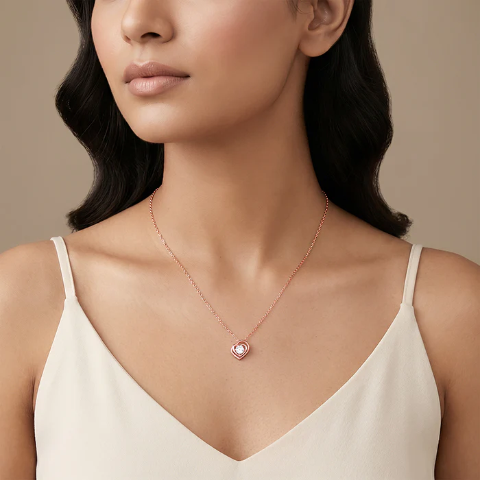 Rose Gold Double Heart Solitaire Pendant with Link Chain - Image 3