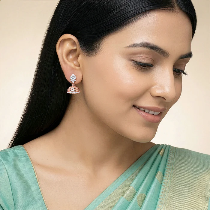 Rose Gold Dwarka Jhumki Earrings - Image 3